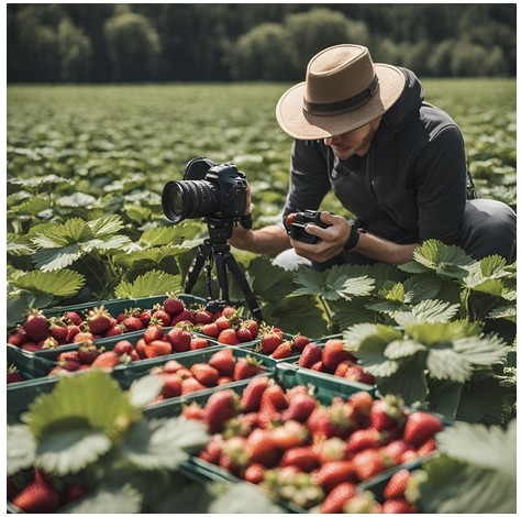 Breeder taking pictures in a strawberry field.