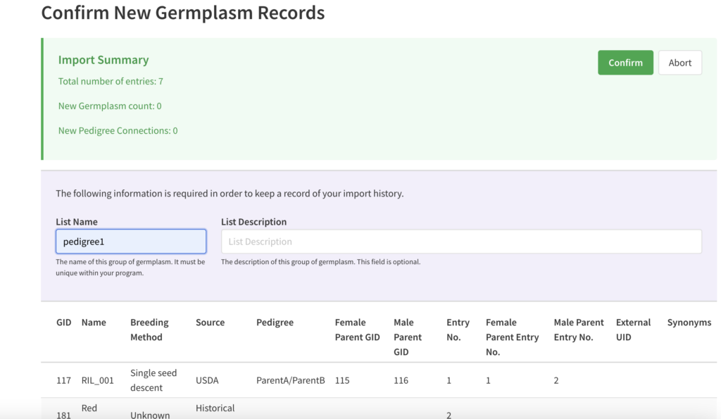 Confirm new germplasm record details with additional information pulled from DeltaBreed database