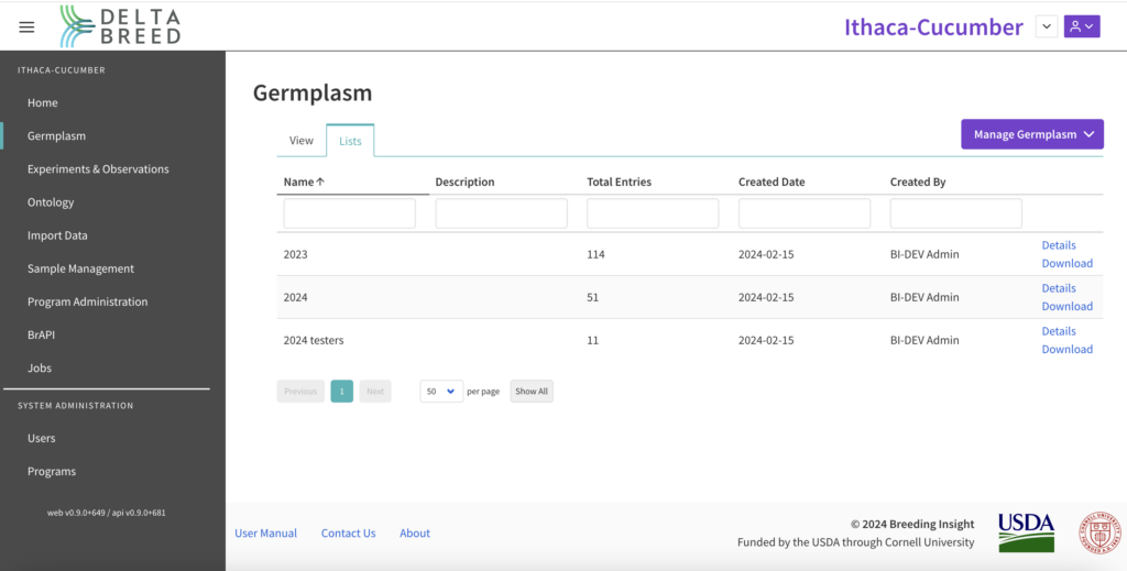 Germplasm Lists view screen