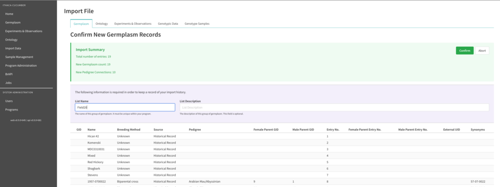 Confirm gemrplasm details and record in DeltaBreed user interface