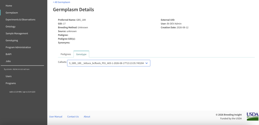 Screenshot of germplasm details with callset for genotype shown.