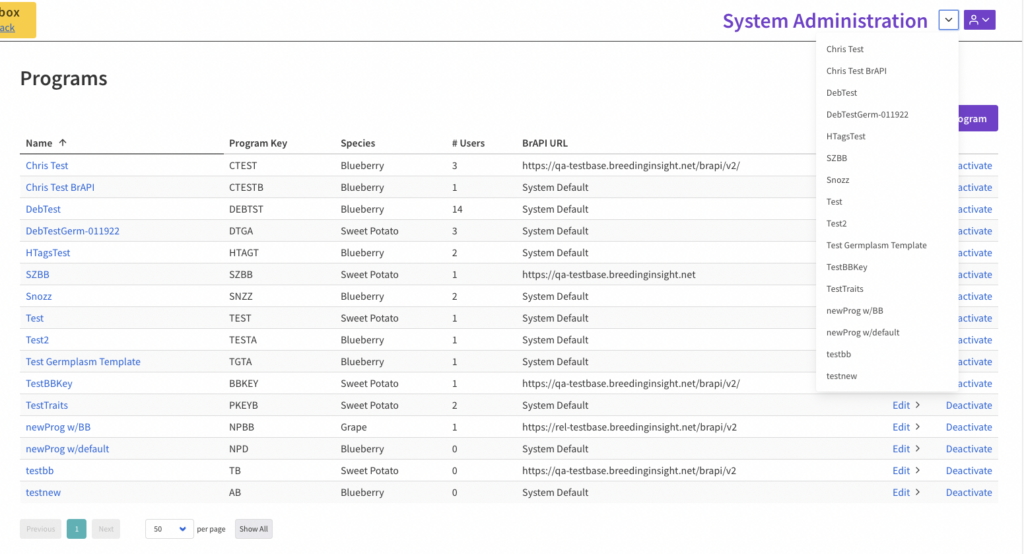 System Administration page in DeltaBreed
