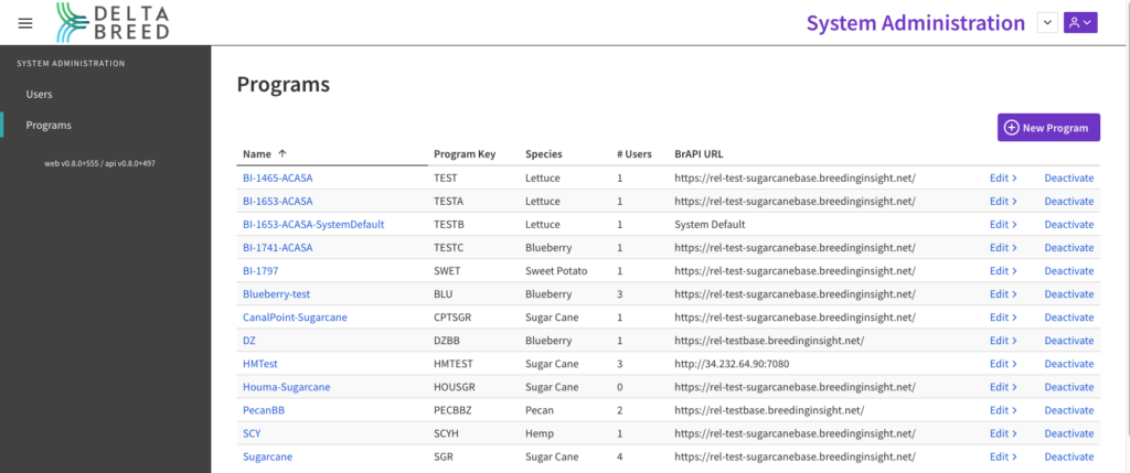 System Administration page with programs listed