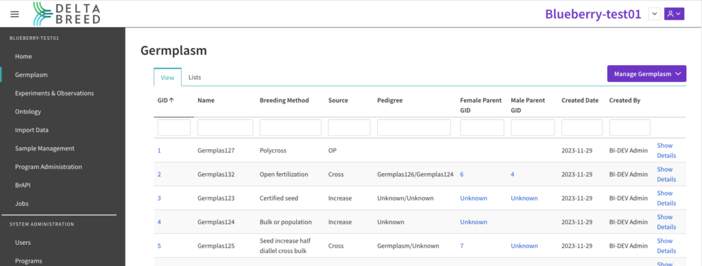 DeltaBreed Germplasm user interface