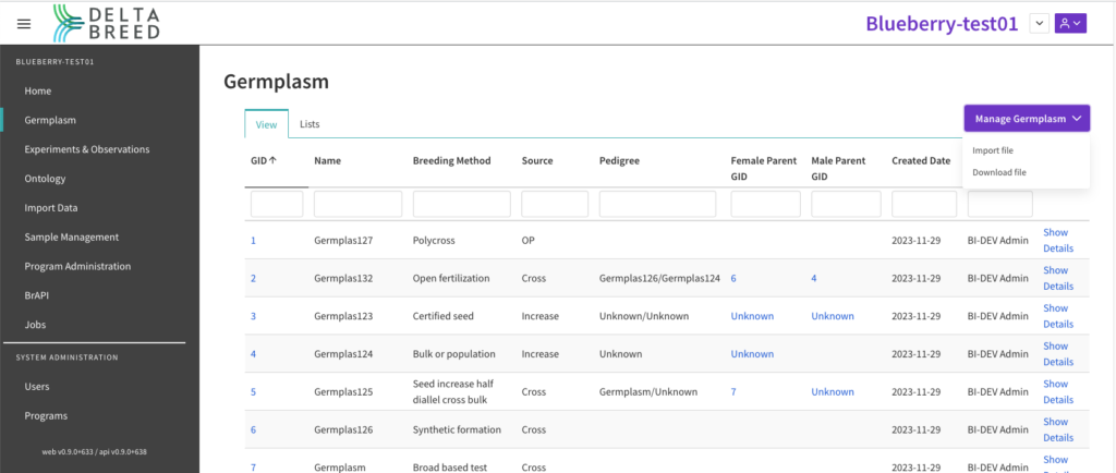 Manage germplasm menu options: import file, download file