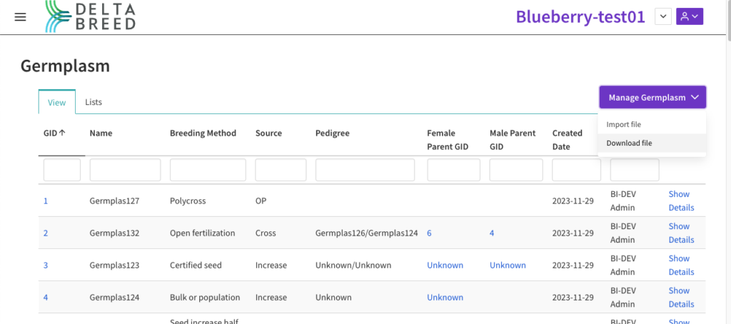 Manage germplasm button options shown: import file, download file