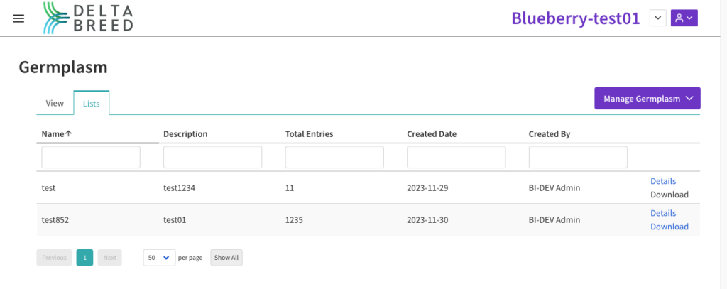 Germplasm list view