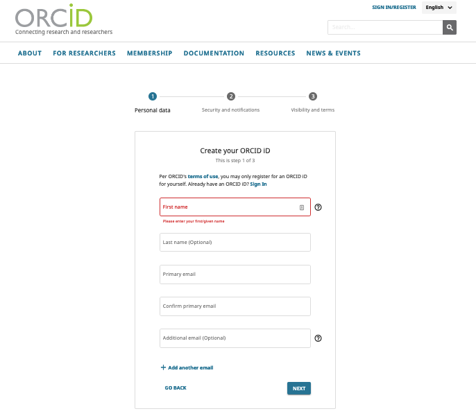 Create ORCID ID screen