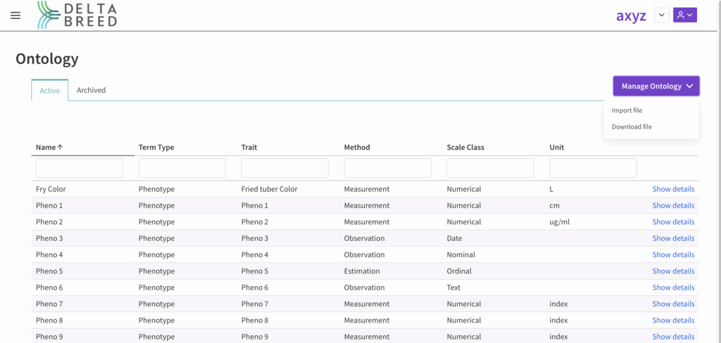 Manage ontology button highlighted with import file and download file options