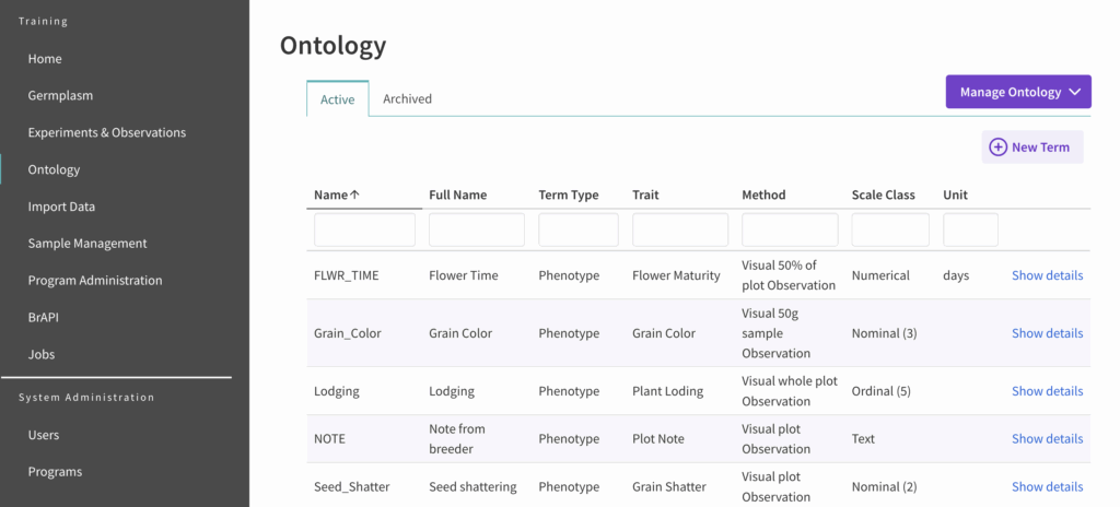 Manage ontology and new term button shown