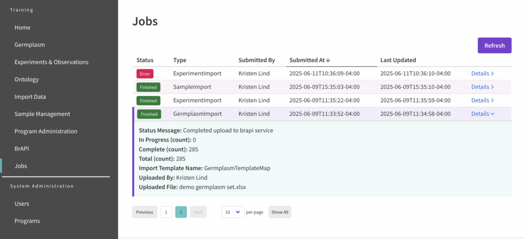 Jobs screen with job details