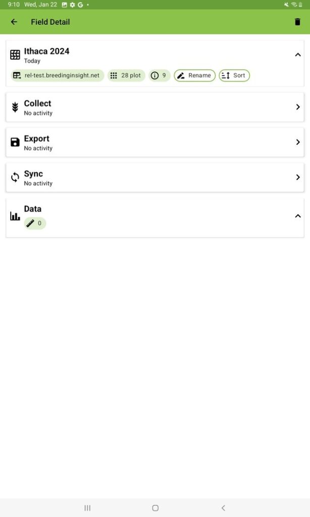 Field options such as data, sorting, export, collect and sync.
