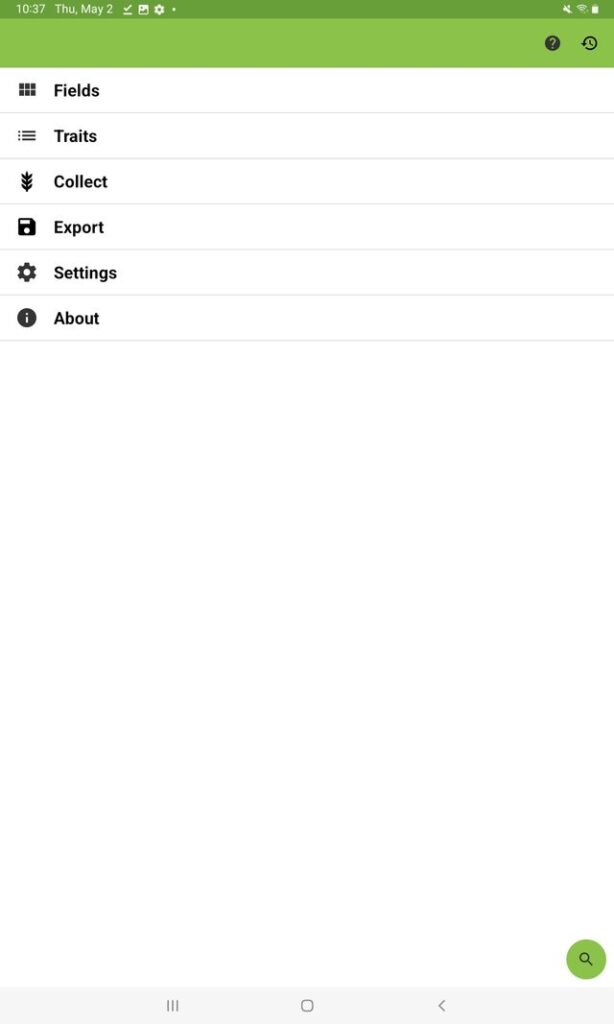 Field Book main menu with traits as a selection option.
