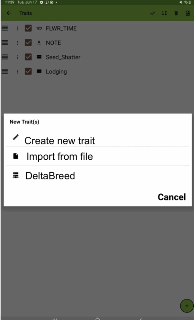 Import options that include create new trait, import from file and DeltaBreed