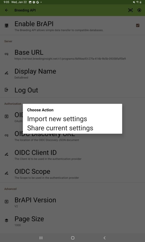 Import new settings or share current settings selection options