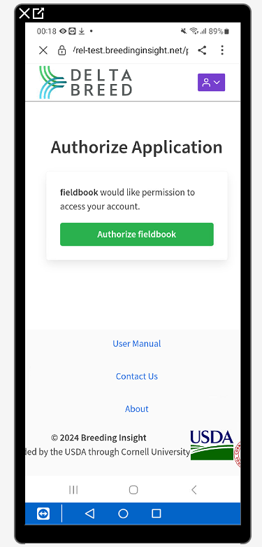Authorize Field Book screen and selection