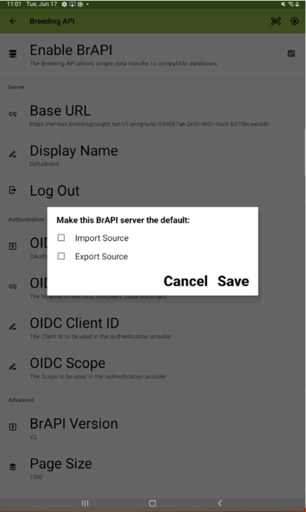 Make this BrAPI server the default message with import source or export source as options
