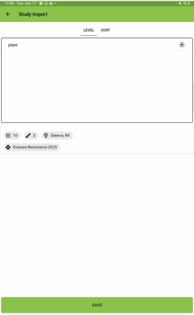 Study import screen with sorting options and import selection