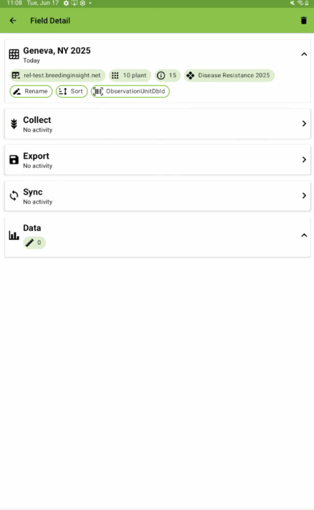 Field Details with Field list, sorting options, collect, export, sync and data as selection options.