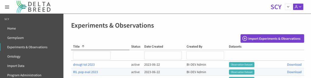 Import Experiments & Observations button
