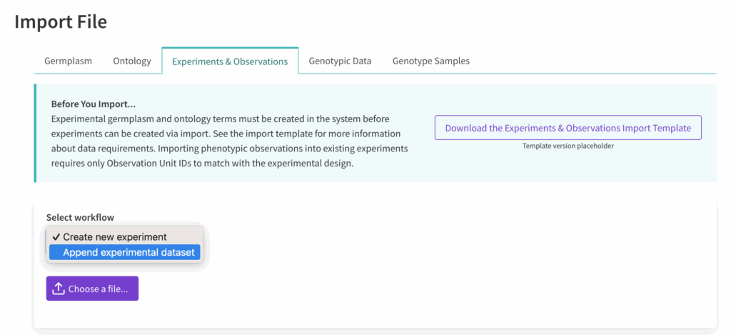 Experiment import screen with append experimental dataset selected