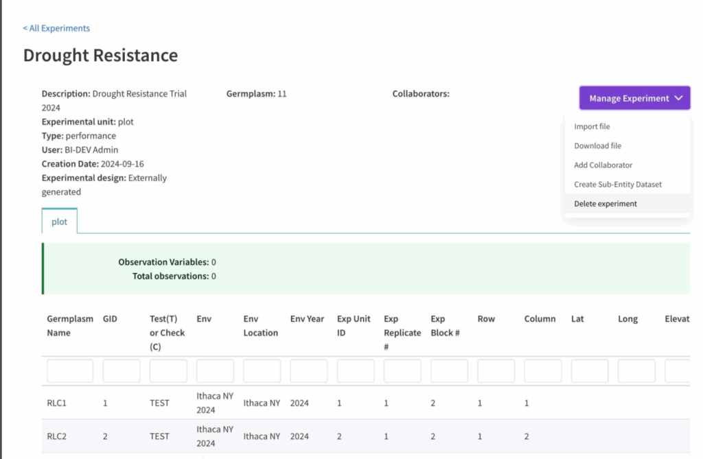 Delete experiment option under manage experiment