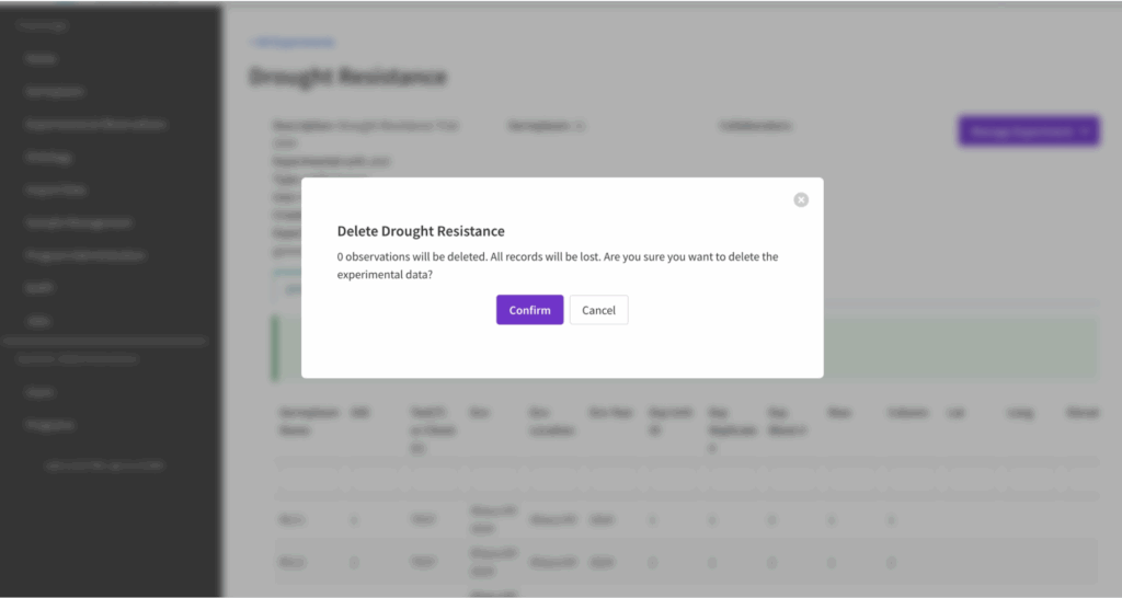 Delete experiment confirmation screen