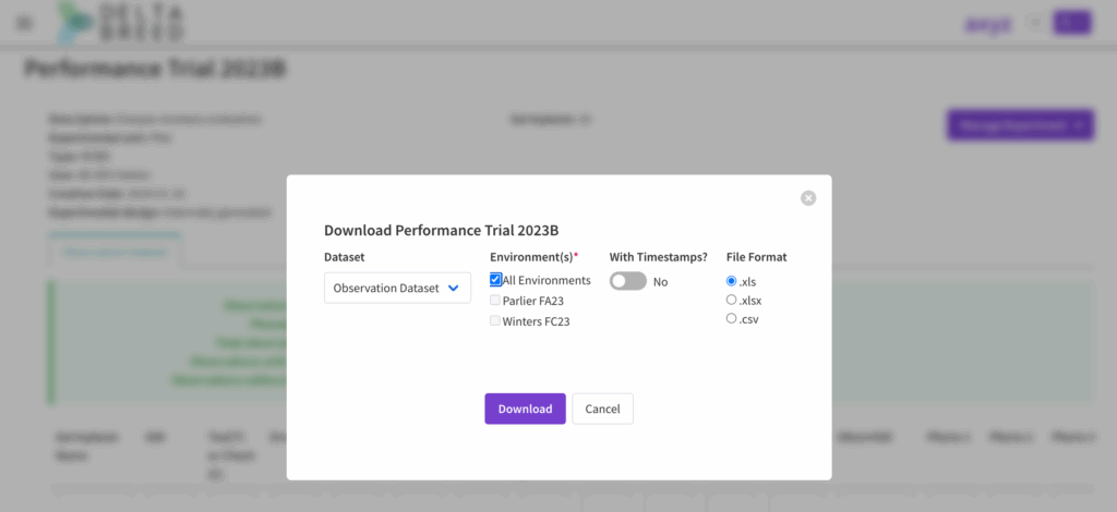 Download options include environments, timestamps, and file format