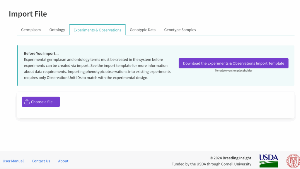 Import experiments and observations file choose screen with template download