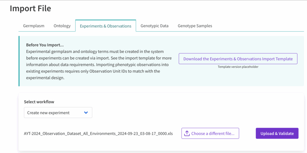 Experiment and observations import file screen with file chooses and upload and validate option available
