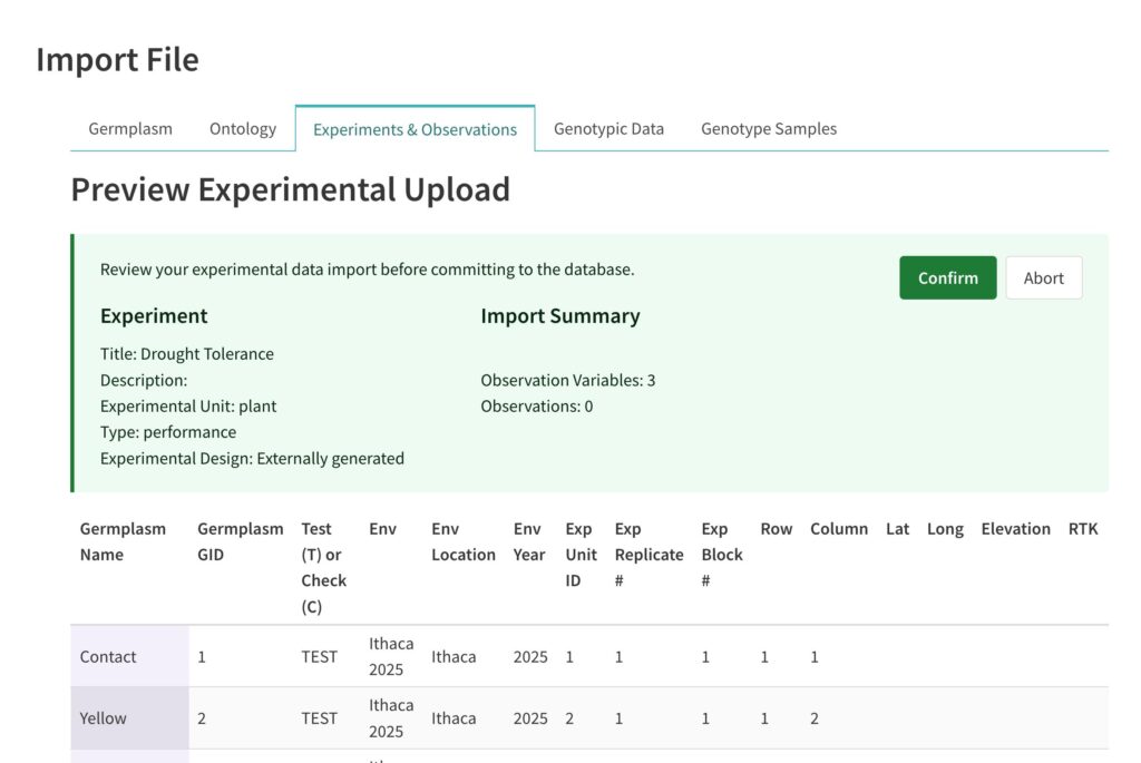Preview experimental upload with experiment and import summary stats and confirm or abort options