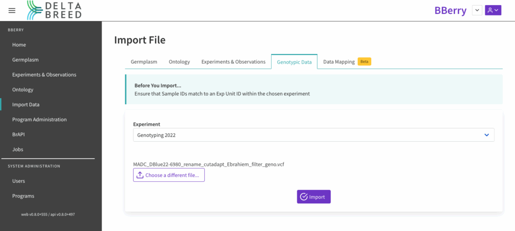 genotypic data import file screen with file attached