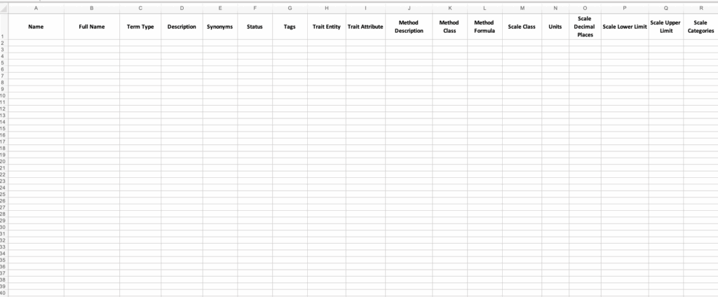 Ontology template empty except for column headers