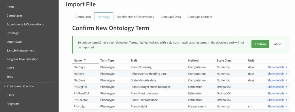 Preview of terms to be uploaded and confirm or abort buttons available.