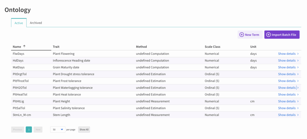 Successful ontology import with traits under the "active" tab showing