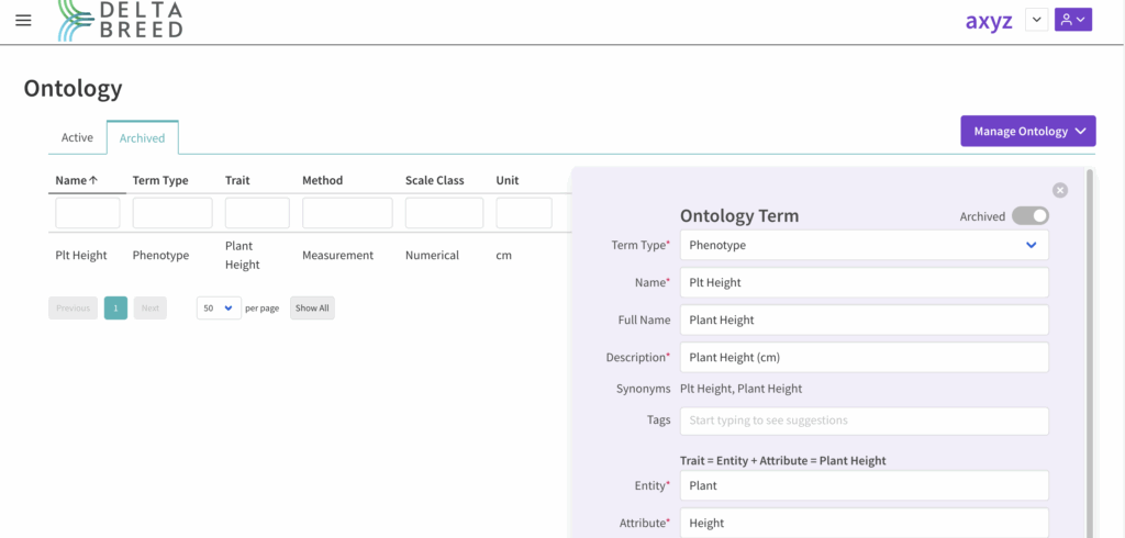 Ontology term details with archive toggle button