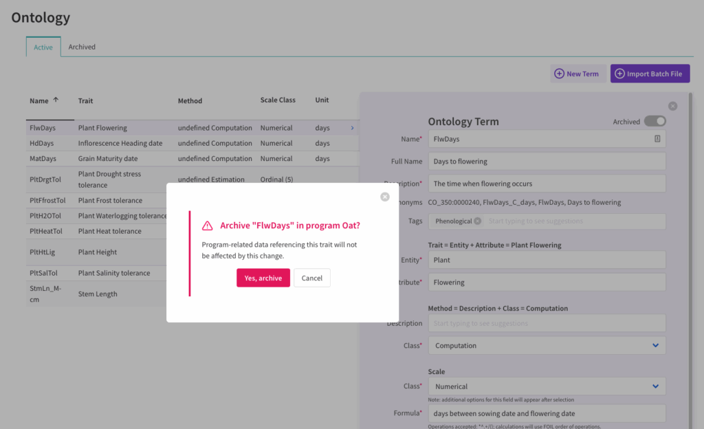 Archive ontology term confirmation screen