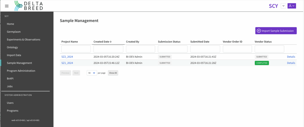 Sample submission screen in DeltaBreed