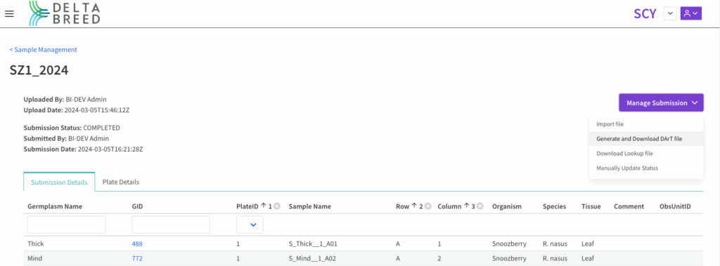 Generate and download DArT file option highlighted