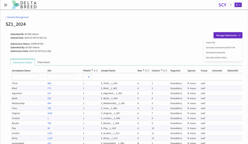 Sample Project details with Manage submission options such as import file, generate and download DArT file, download lookup file, and manually update status
