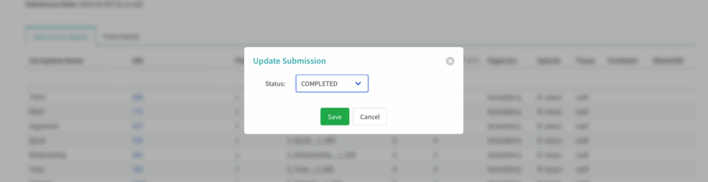 Sample submission update submission box with completed highlighted