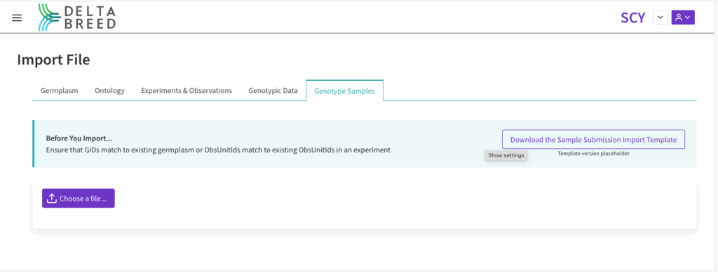 Genotype sample submission template and import screen