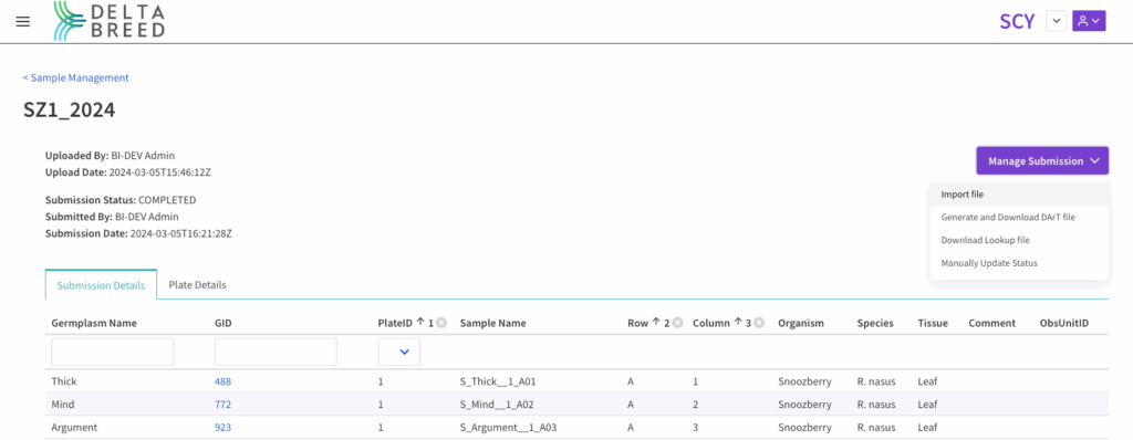 Manage submission button with generate download DArT file, download look up file, import file and manually update status. Import file highlighted