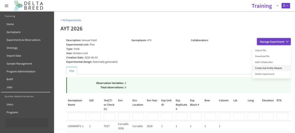 DeltaBreed UI screen with manage experiment options listed and create sub-entity dataset selected.