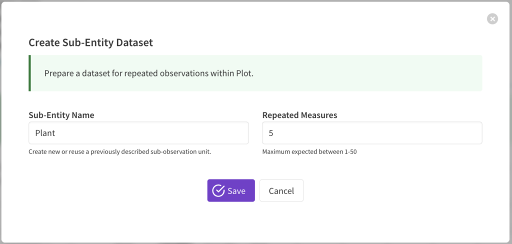 Create sub-entity dataset with plant and 5 repeated measures selected.