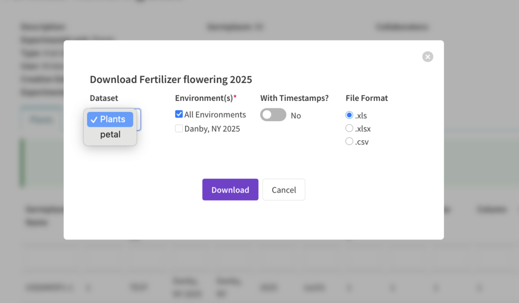 Download experiment options with plants selected, all environments and file format as .xls