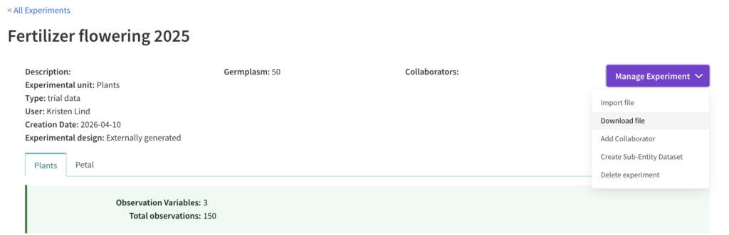 Manage experiment menu on right hand side of the screen with "download file" highlighted.