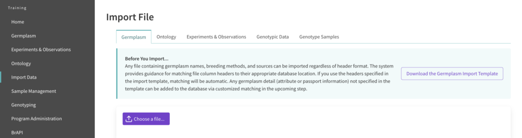 Import file options with import data highlighted on the left hand side menu.