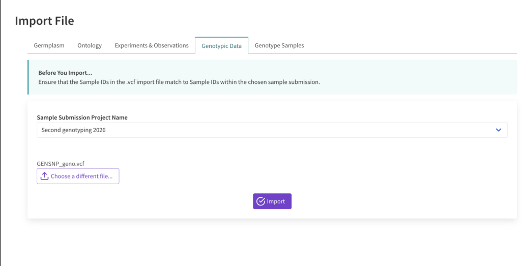 Genotypic data upload screen with a sample submission project name selected and a file ready to be uploaded.