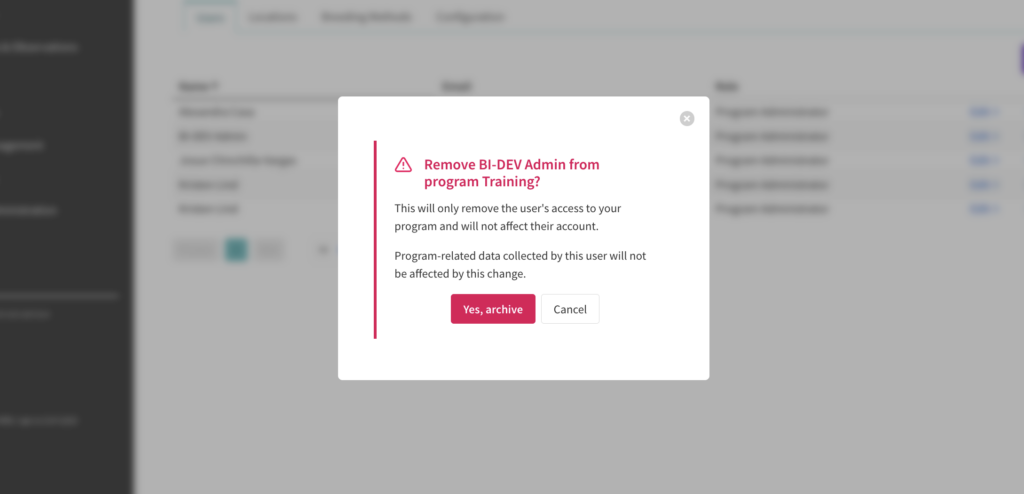 Remove a user box with Yes, archive highlighted.